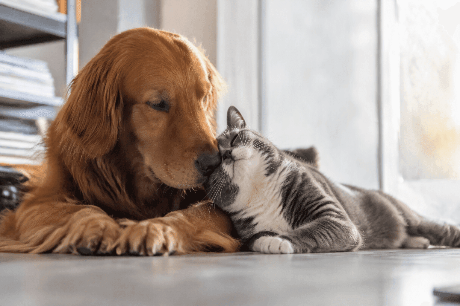 A dog and a cat lying together in a home