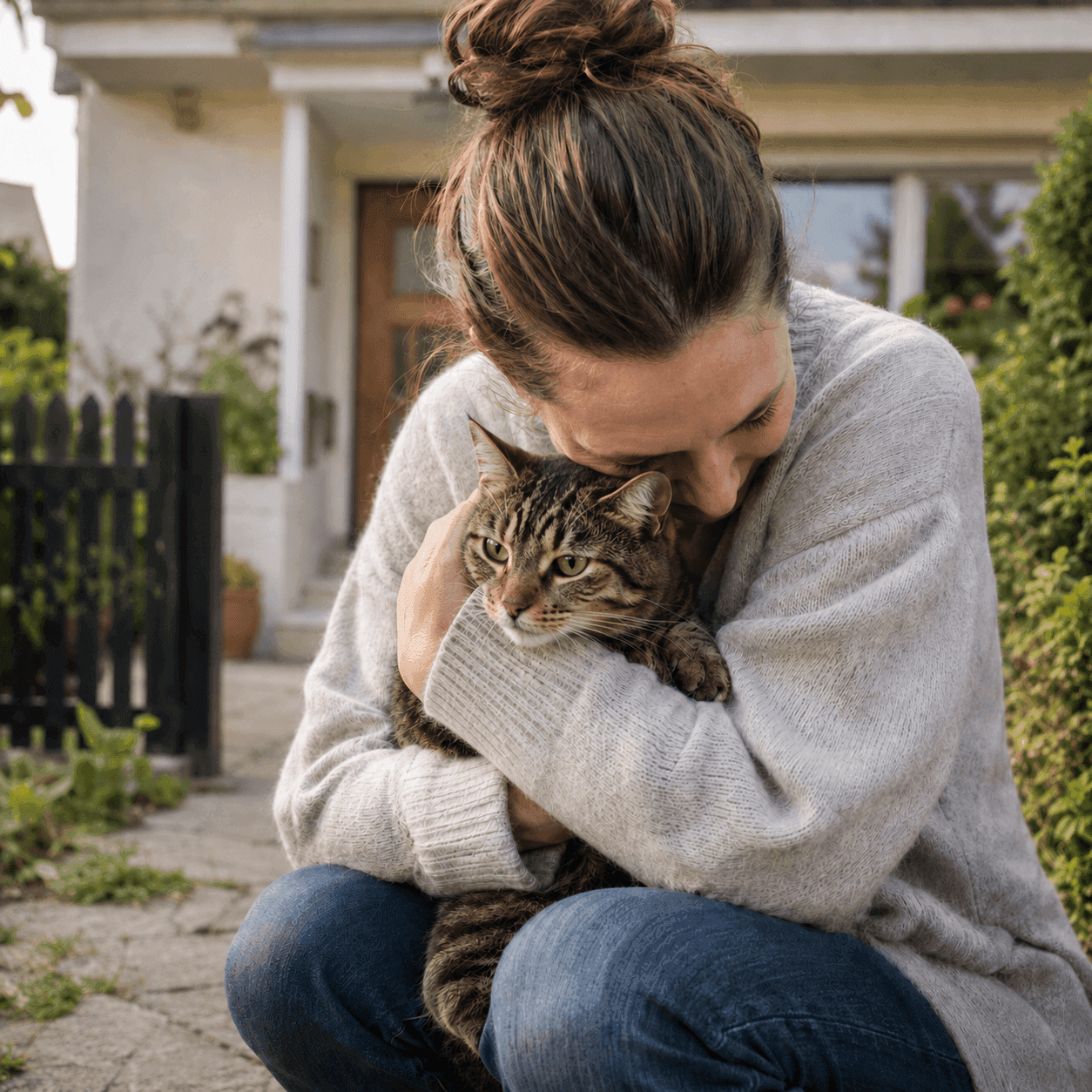 A relieved woman holds her tabby cat close after it has been found, illustrating what to do when a cat goes missing.