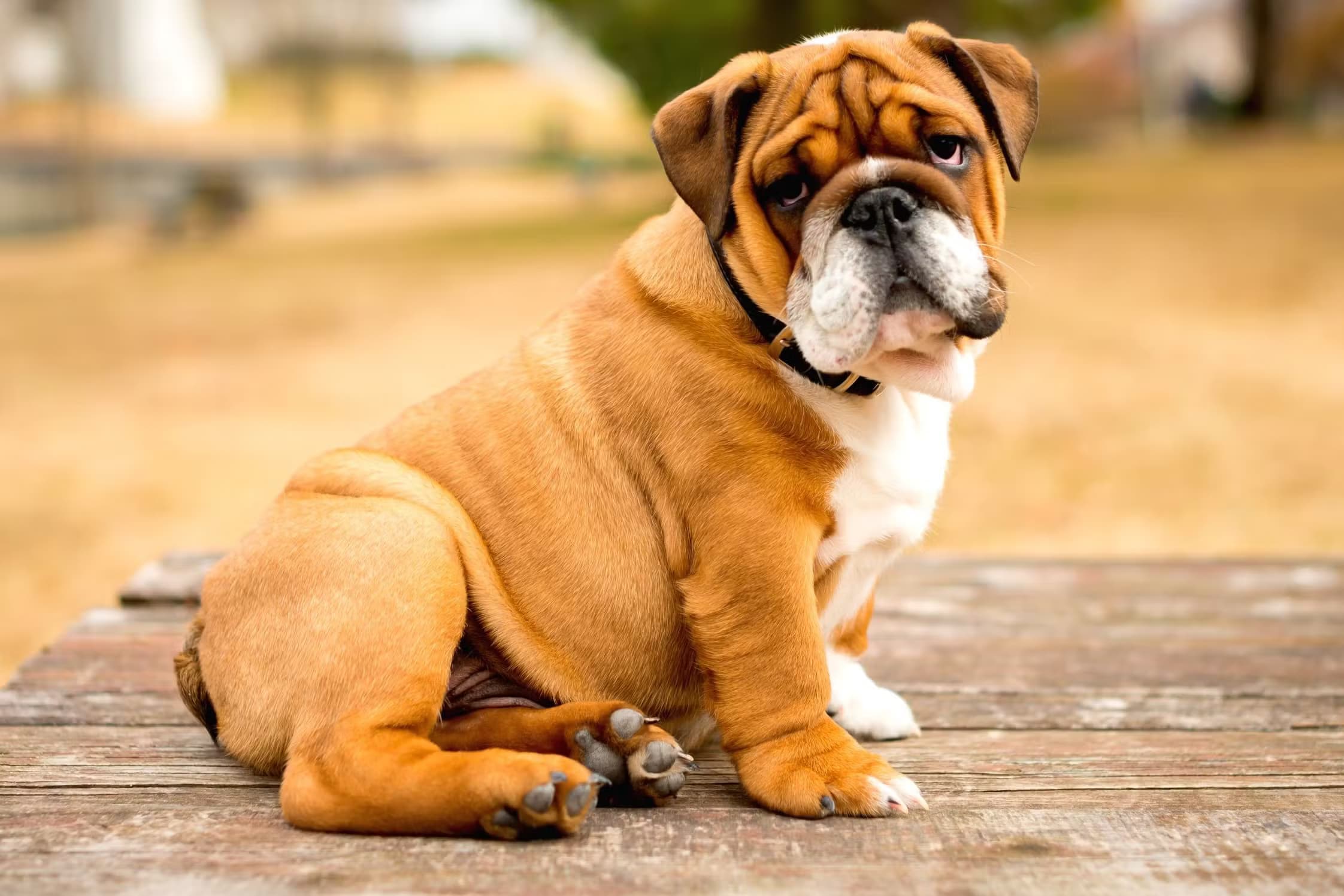 Bulldog assis sur une table en bois, regardant vers la caméra avec un air pensif.
