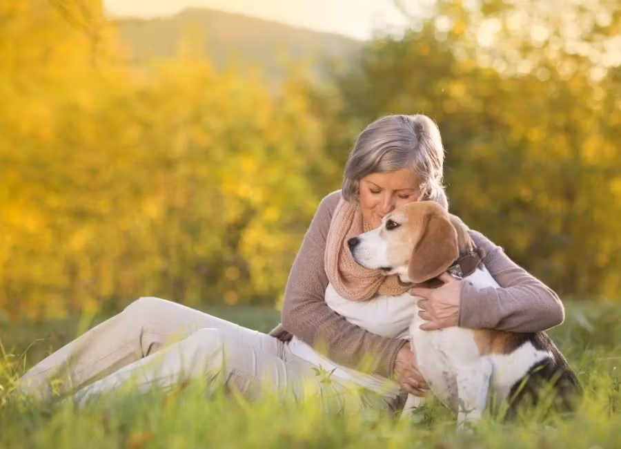 Une dame assise dans l'herbe d'une clairière tient un chien dans ses bras
